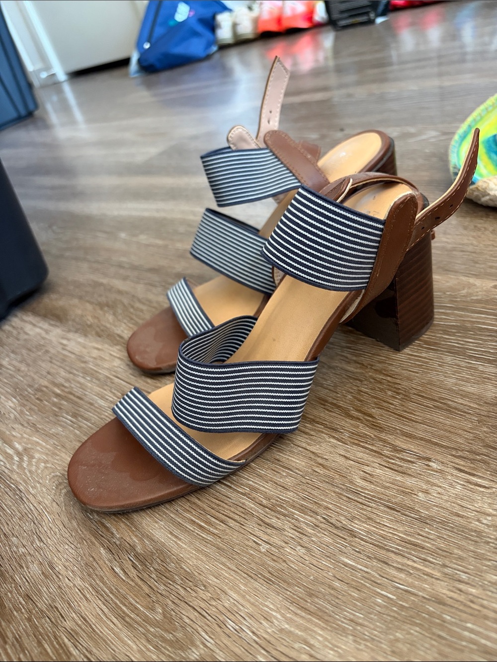 Striped Navy and Brown Block Heel Sandals - Women